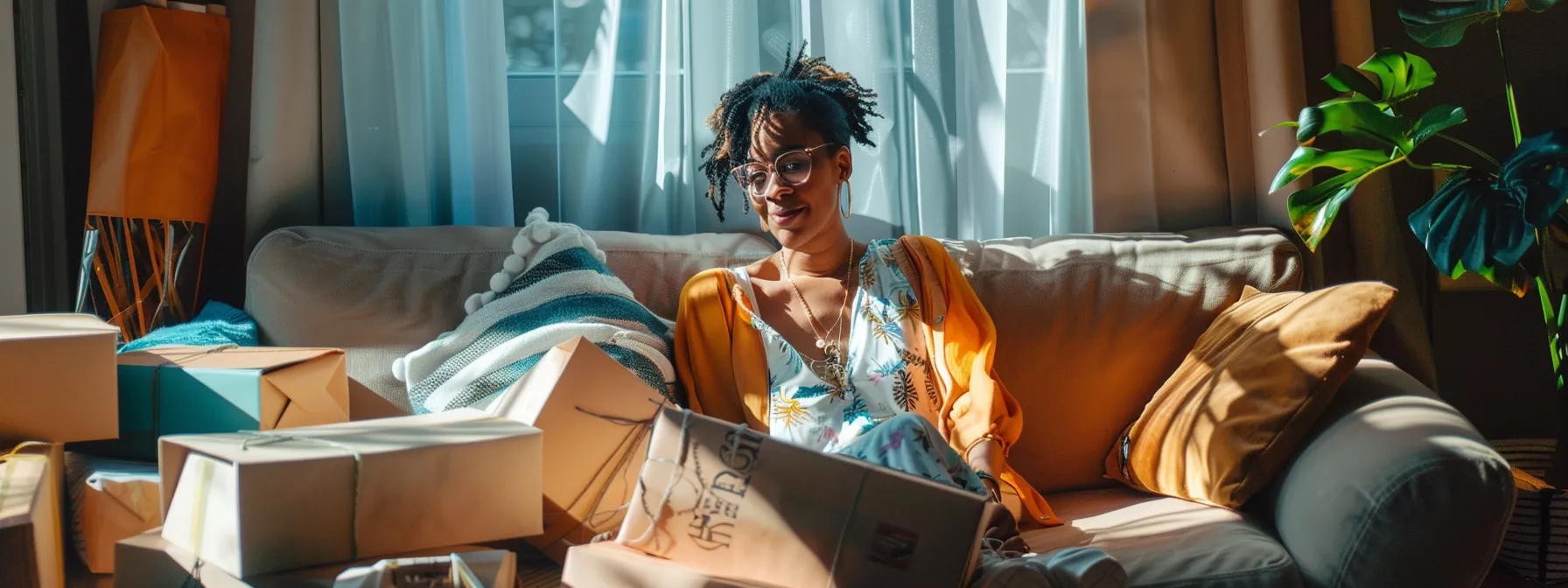 a woman sitting on a plush sofa surrounded by packages from online shopping, with a satisfied smile on her face.