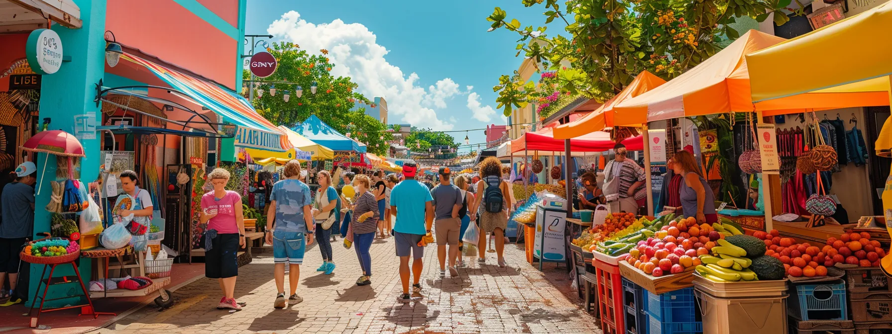 a vibrant outdoor market in st. thomas bustling with local vendors and customers, with colorful signs advertising facebook marketing strategies for businesses.