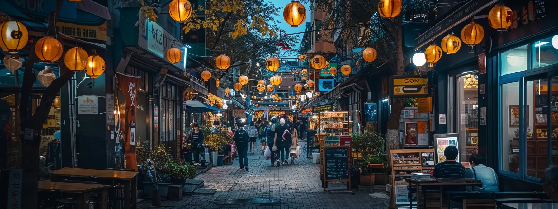 vibrant street lined with bustling local shops, each storefront displaying prominent search engine optimization results.